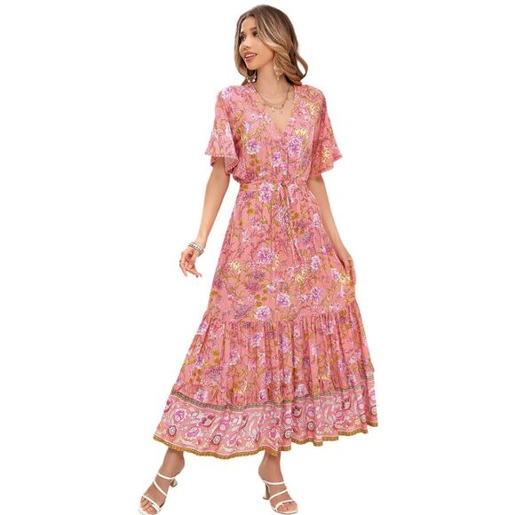 NWT R. Vivimos Women’s Boho Whimsical Tiered Ruffle Maxi Dress Size L 12/14 Pink - Picture 2 of 11